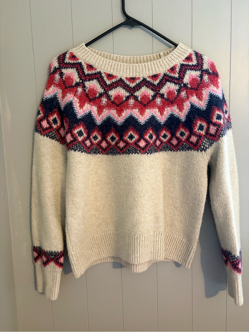 Old Navy Cream Crewneck Sweater with Pink and Navy Fair Isle Yoke